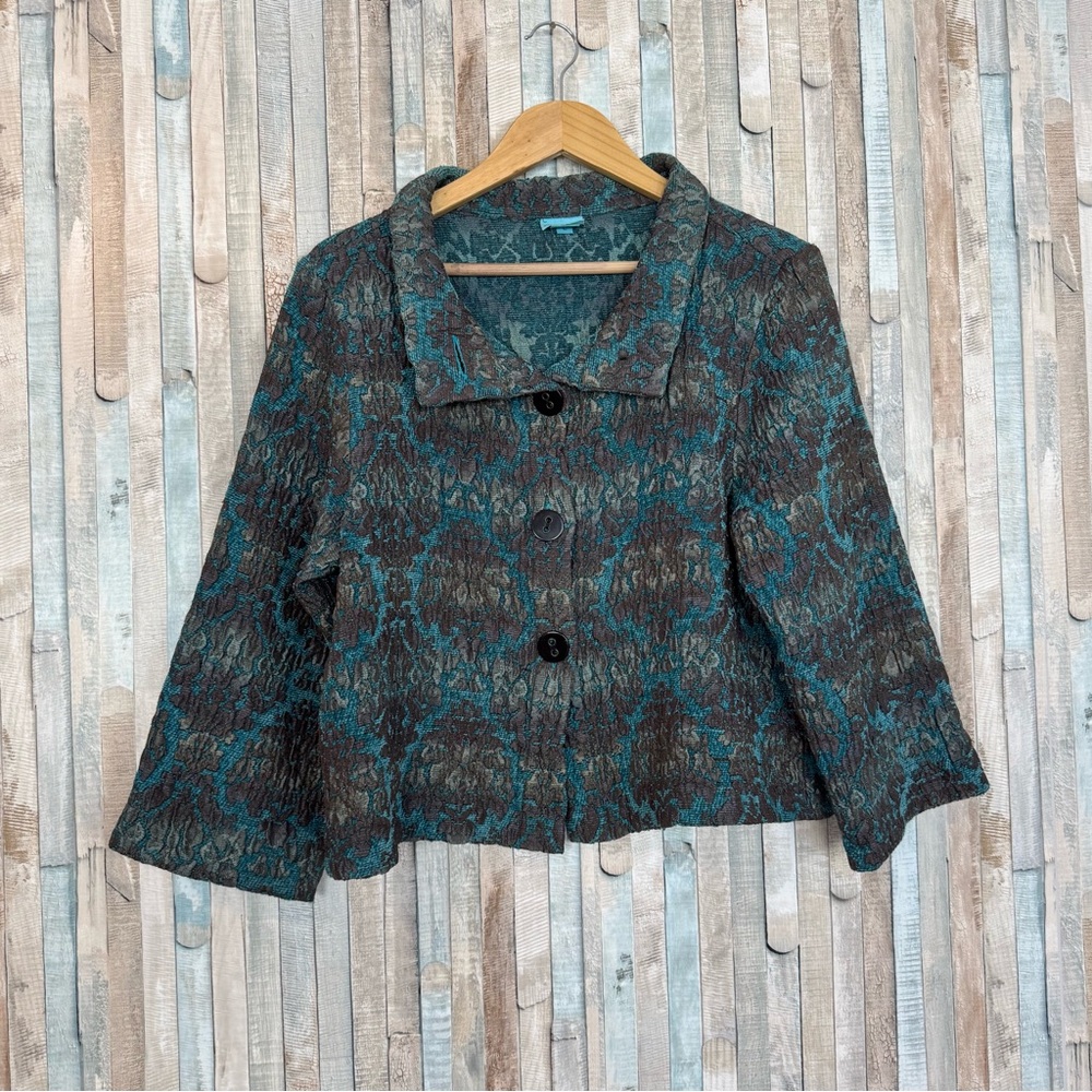 Habitat‎ L Jacquard Brocade Button Jacket Blazer Blue Tapestry Boho Lagenlook